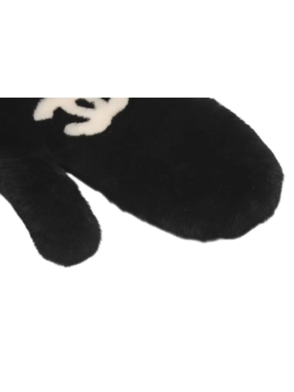 Chanel CC Logo Rabbit Mittens Gloves Black White Fur Lambskin